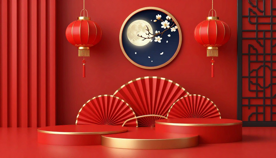 喜庆中式节庆背景 红色玉兰花满月宫灯装饰图