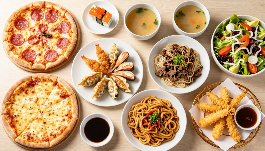 奢华多国料理盛宴：高清俯视餐桌美食摄影