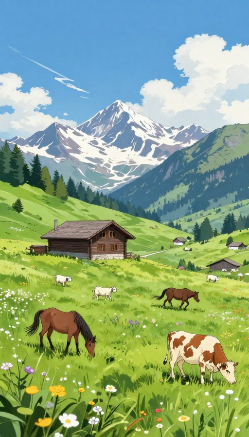 梦幻高山牧场:动漫线稿中的阿尔卑斯宁静时光