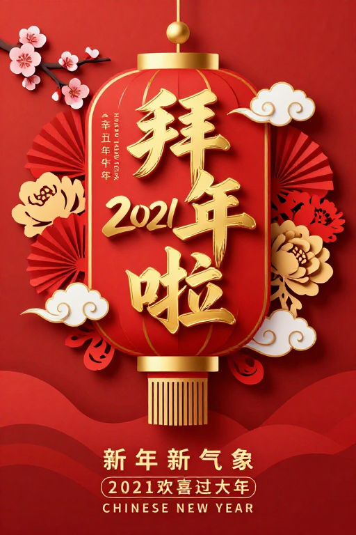 2021中国风新年剪纸灯笼喜庆拜年海报