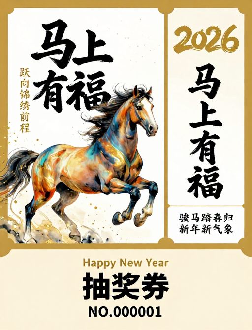 中国风水墨新年抽奖券，骏马踏春迎福气