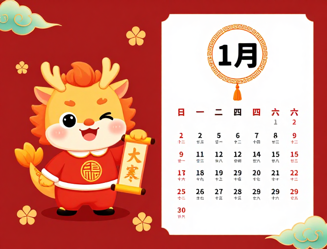 Q版龙贺岁:红金中国风新年日历海报