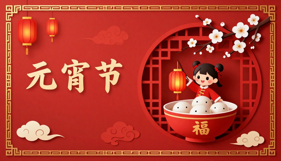 新春团圆:红色剪纸风卡通女孩元宵福运海报