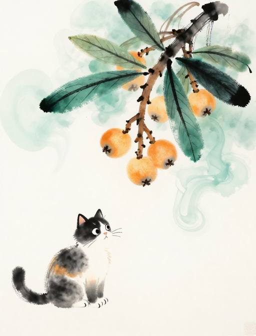 枇杷硕果伴花猫，青绿晕染写意禅意