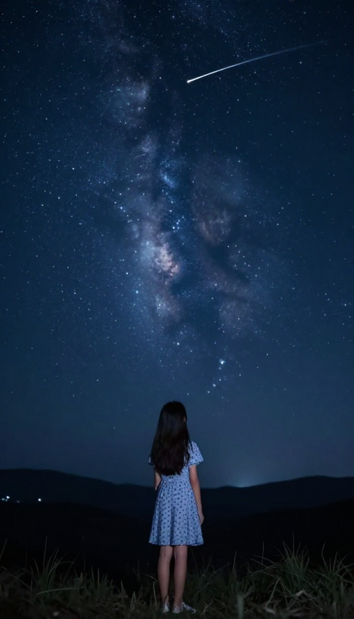 中国女孩仰望璀璨星空，流星划过浪漫夜空