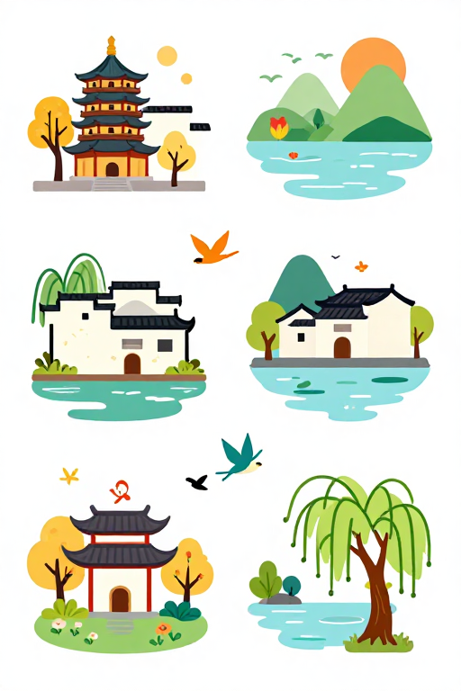 中国古风插画：杭州山水与徽派建筑卡通贴纸