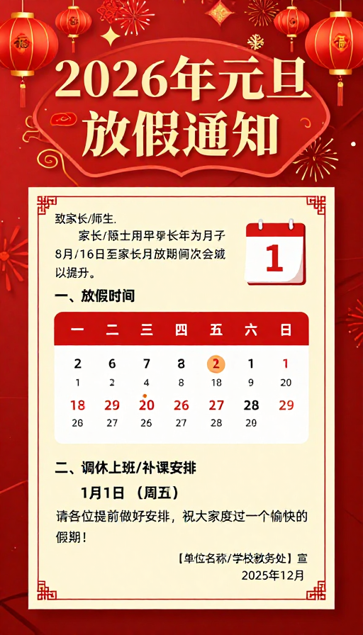 喜庆中国风2026元旦放假通知海报