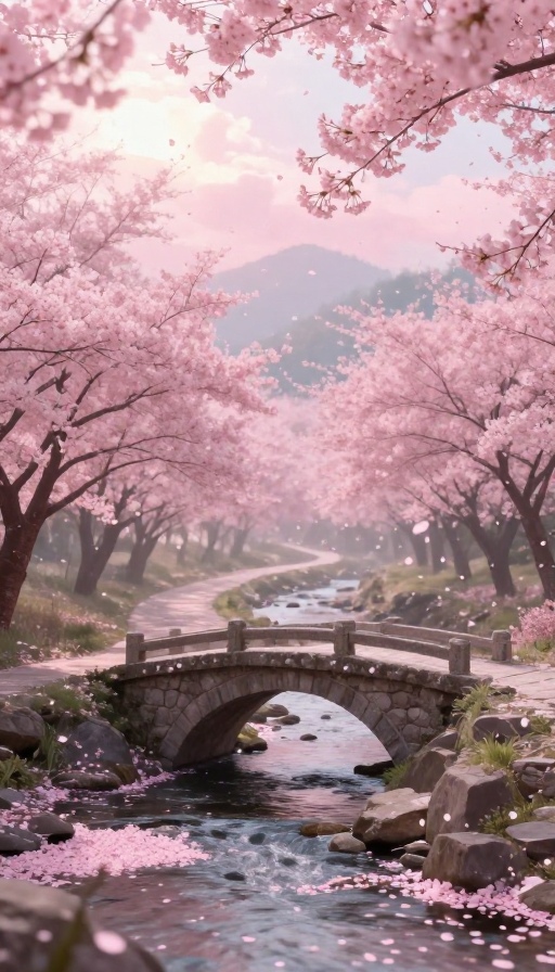 梦幻粉色樱花桥景：自然光影下的童话现实