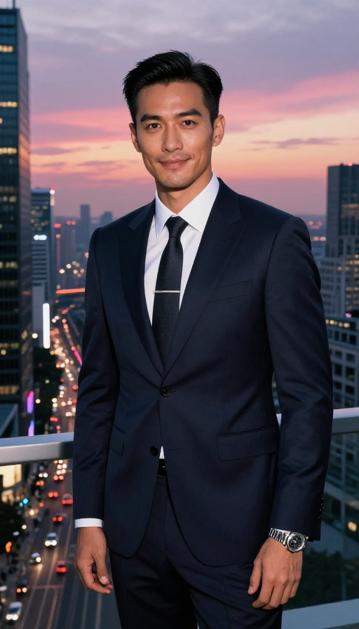 都市夜景中的自信精英：经典西装半身照