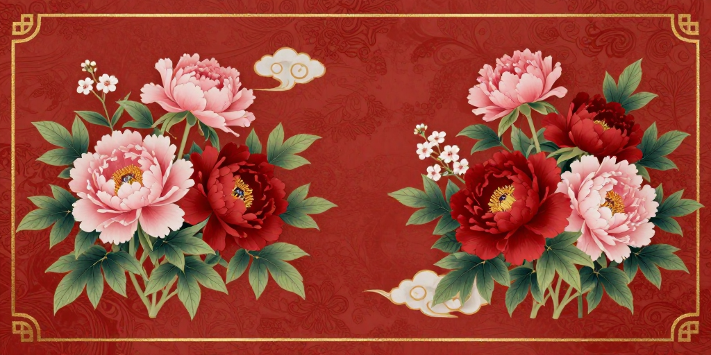 朱红背景工笔牡丹双景对称花卉插画