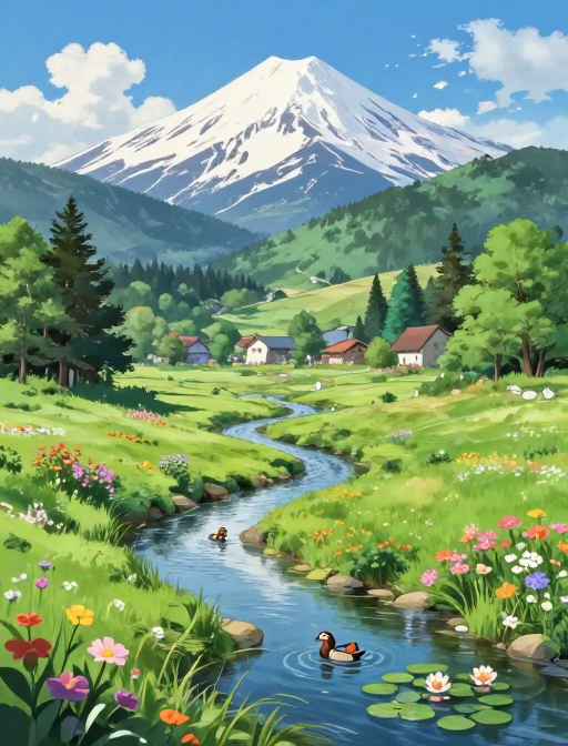 动漫雪山与田园风光的梦幻画卷