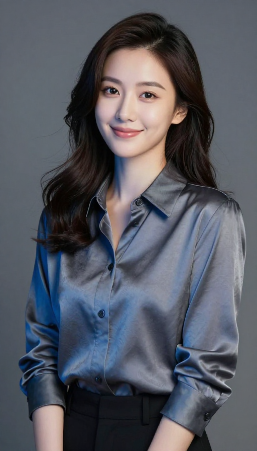 现代优雅女性肖像：丝质衬衫与神秘蓝光的和谐之美