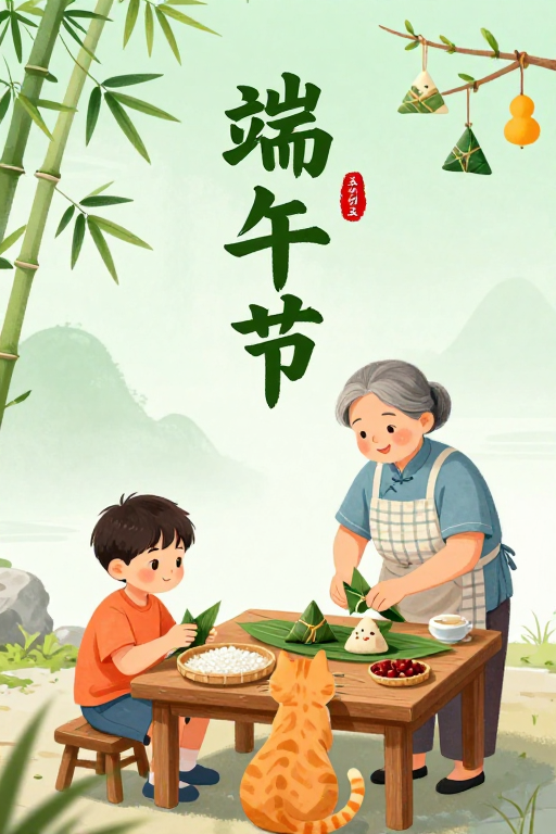 清新治愈手绘端午海报：祖孙共包粽子