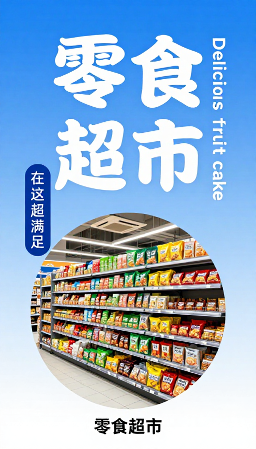 蓝色渐变背景下的现代零食超市广告海报设计