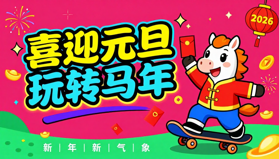 喜迎元旦 玩转马年 潮流插画海报