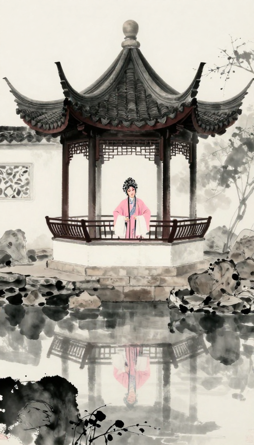 水墨园林中唱戏的昆曲青衣