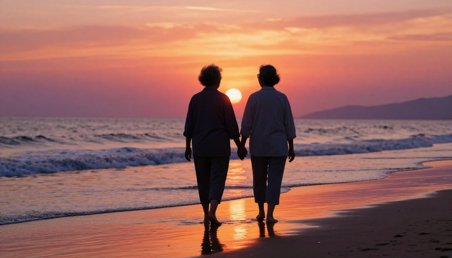 夕阳海滩牵手剪影：温情家庭时光定格