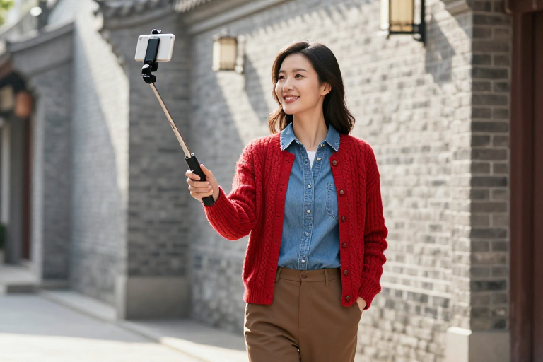 中式巷弄中的微笑旅人:自然光影下的东方风情