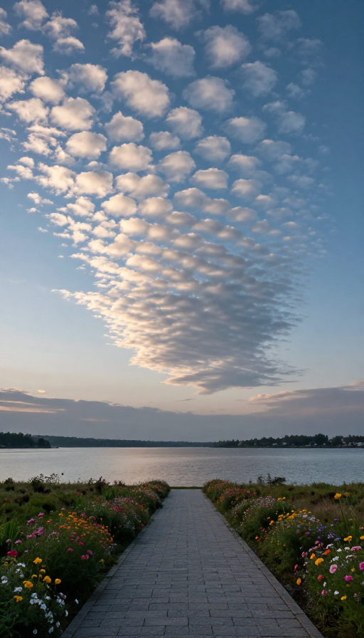鱼鳞云下的壮丽湖泊:傍晚震撼实拍