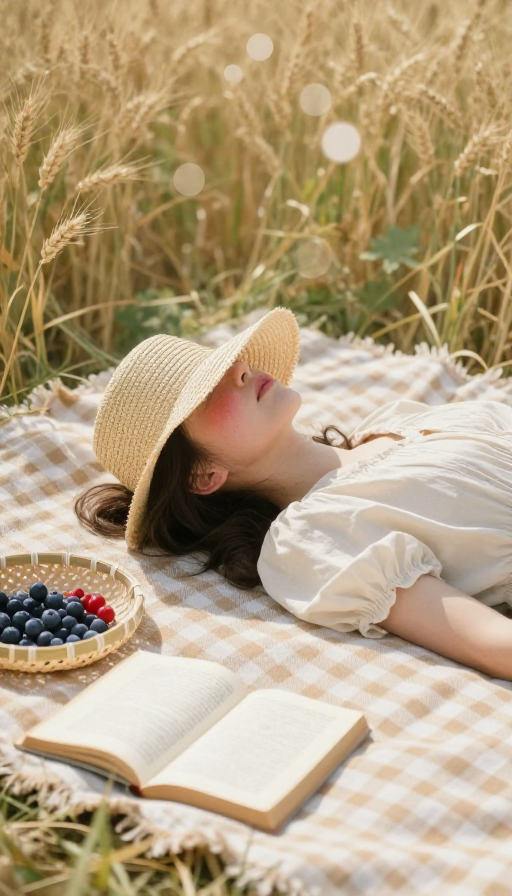 油画少女野餐:麦浪光影中的诗意定格