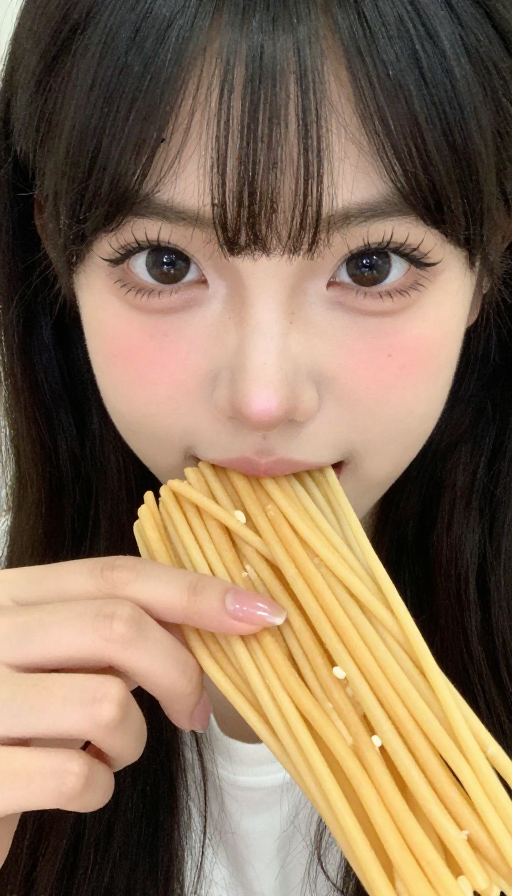 日常美食瞬间：将面条送入口中的真实写照