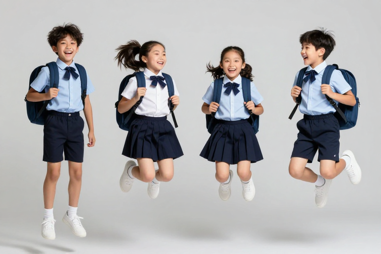 童趣校园：小学生在灰背景前欢快跳跃瞬间