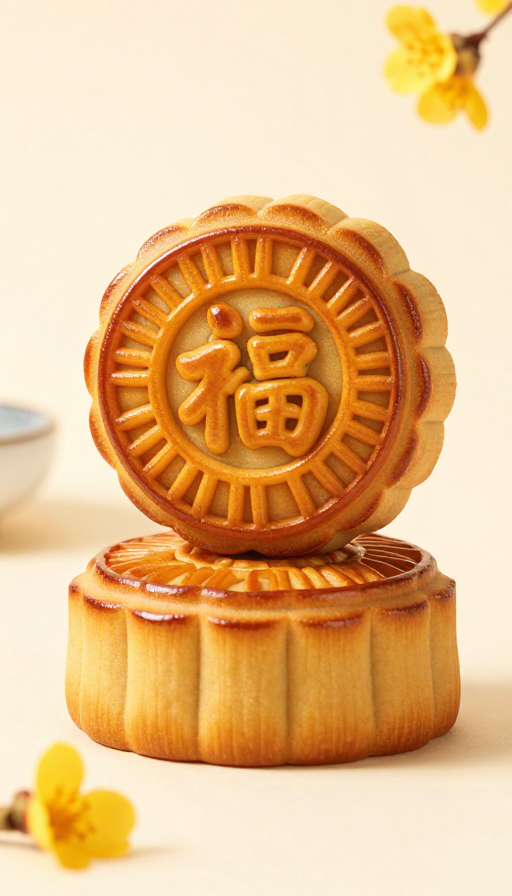 中秋月饼福字特写：精致月桂装饰与写实光影