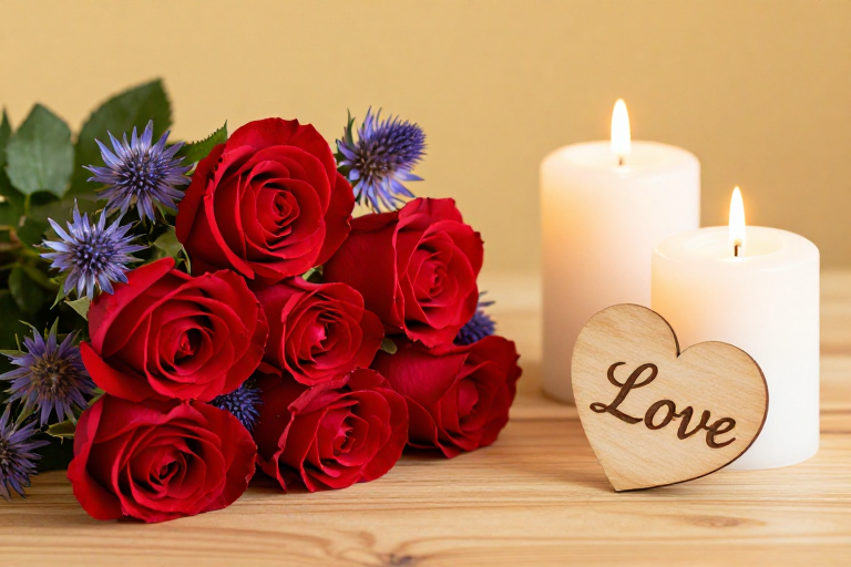 浪漫柔情：红玫紫花烛光情书