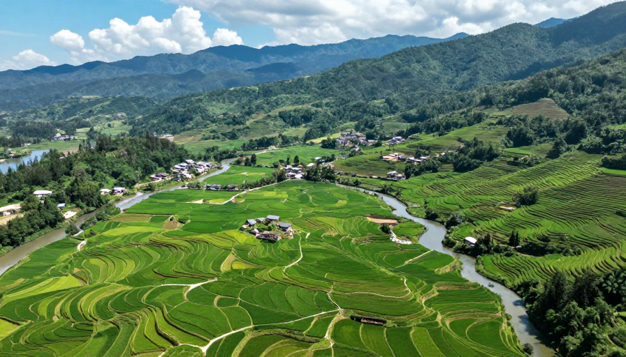 翠绿梯田层叠如浪,田园风光震撼人心