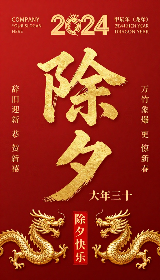 金红配色的2024龙年除夕主题海报