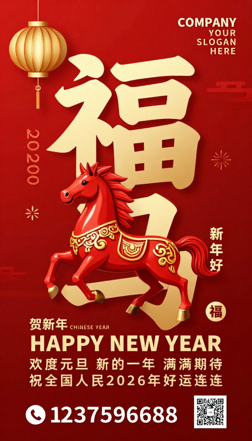 福马迎新春 2026 金色喜庆新年贺卡
