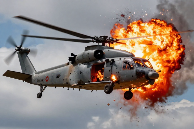 军用直升机穿越爆炸火光瞬间