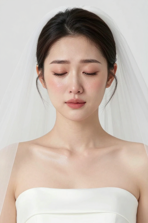 闭眼垂泪的新娘:白色婚纱的柔美瞬间