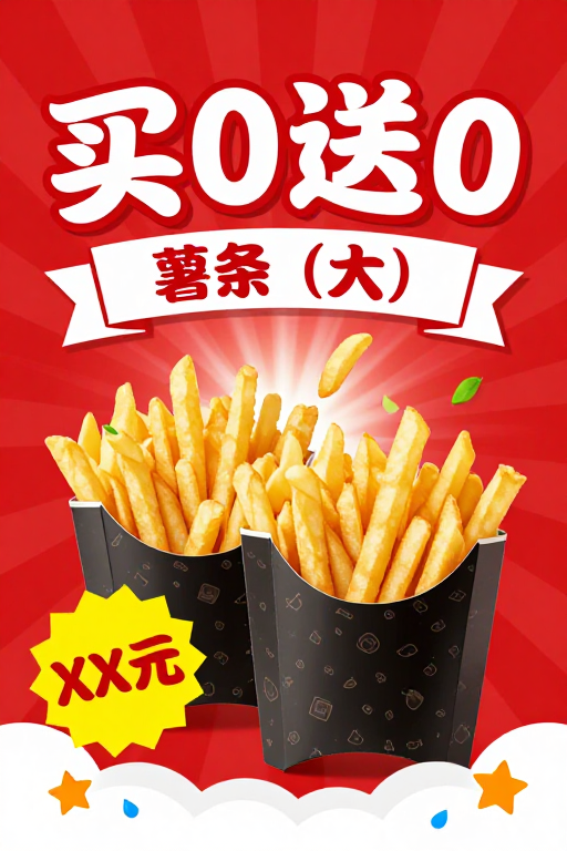买0送0炸薯条大促：热烈喜庆节日促销海报