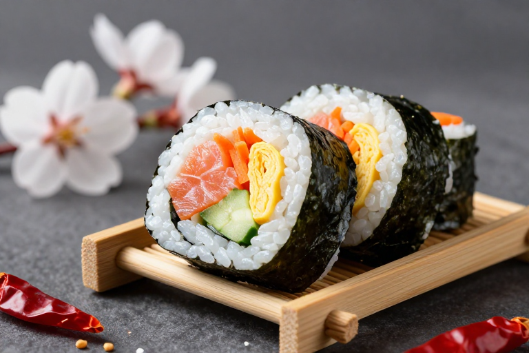 精致寿司特写:樱花与辣椒点缀的冷调日料艺术