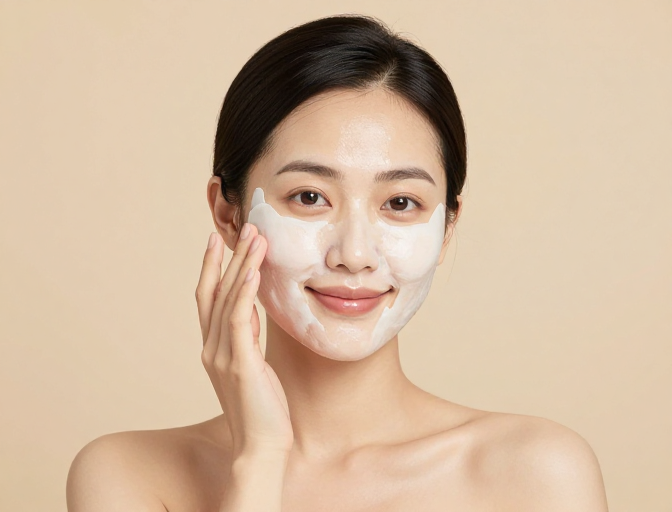 亚洲女性裸肩微笑轻触白色面膜柔光暖调