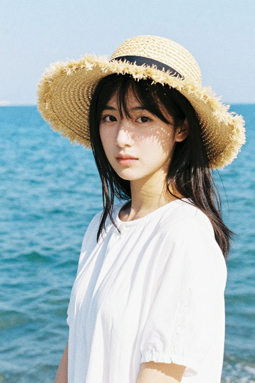 日系海边少女：草帽与树荫光的温柔瞬间