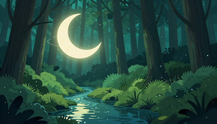 梦幻青绿森林夜景插画:新月流光与静谧魔法
