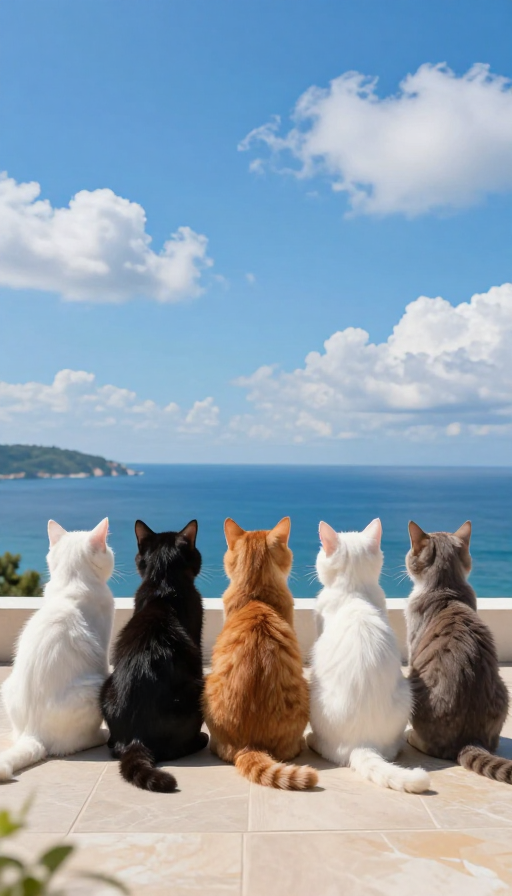 超现实五猫背影:蔚蓝海景下的对称之美