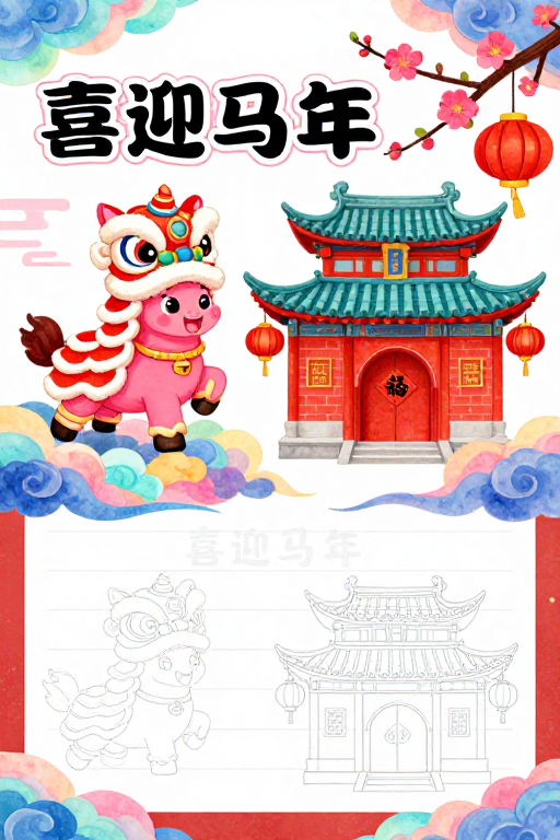喜庆手绘马年海报:彩绘舞狮与古韵楼阁