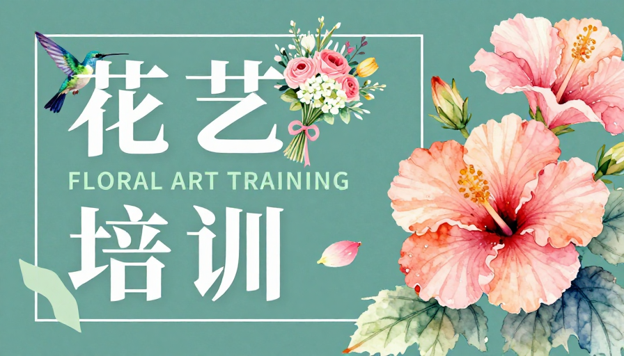 青绿纹理花艺培训海报,融合现代排版与手绘水彩艺术