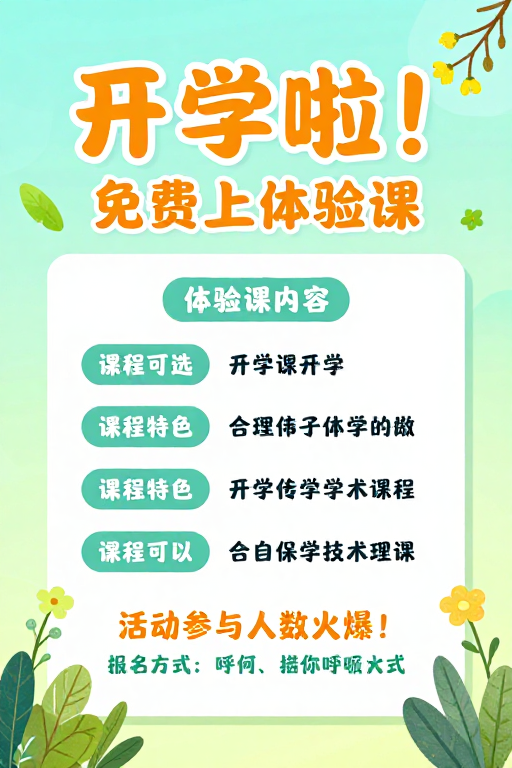 春日活力教育宣传:清新开学体验课海报