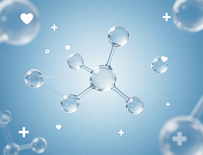 分子结构网络图:透明球体与医疗符号的科技融合