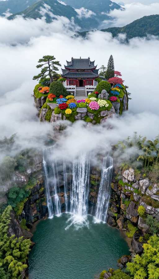 云崖道观:青苔石上花开的仙境航拍