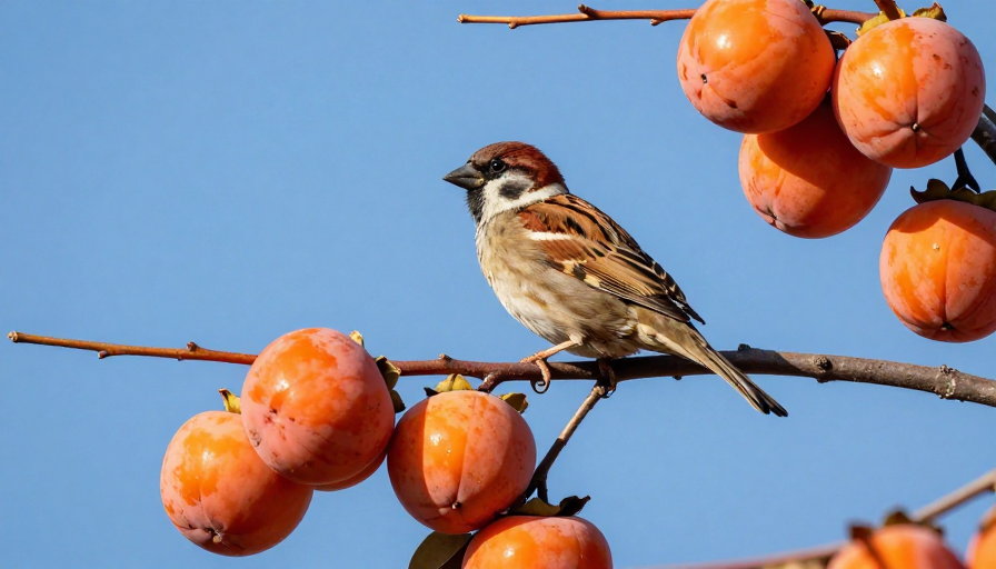 秋日硕果:高清实拍麻雀与红柿的丰收画卷