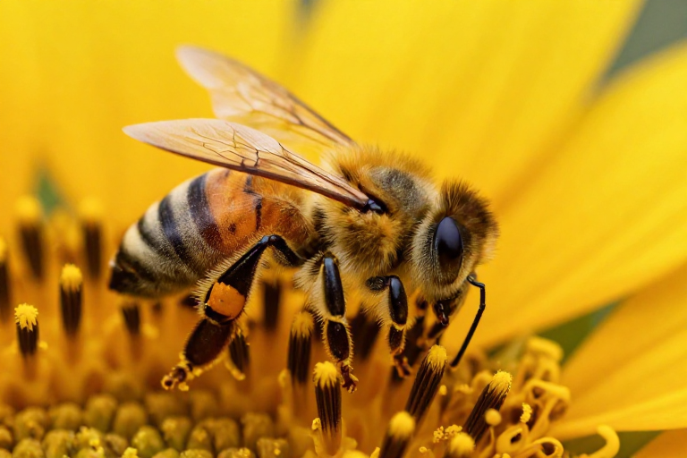 蜂舞暖阳：蜜蜂与向日葵的微距生态瞬间