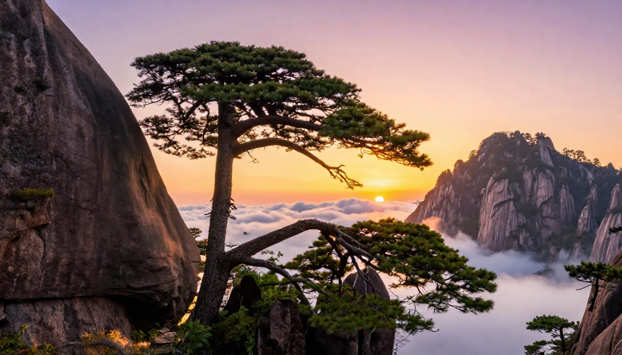 苍劲古松屹立于云海之巅，日出霞光映照山岩