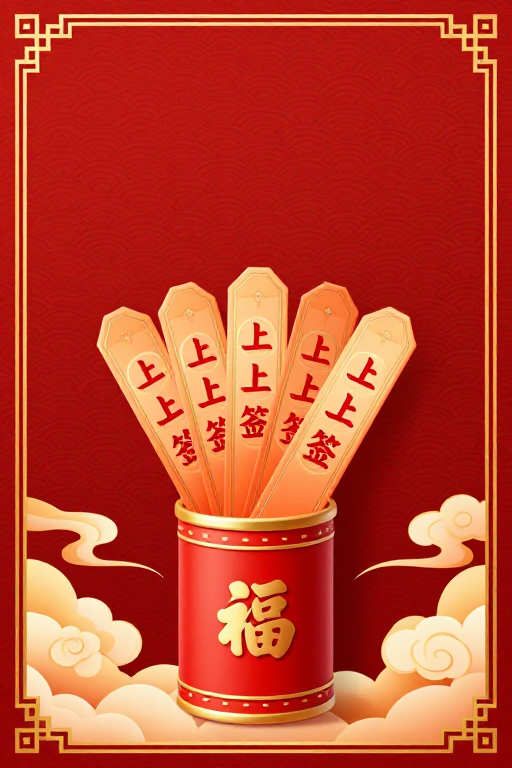 红金喜庆签筒插画:传统吉祥福运祈愿
