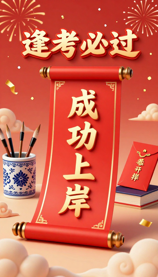 水墨风金榜题名：喜庆卷轴上的成功上岸