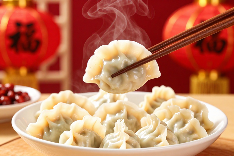 新春美味：热气腾腾的饺子与喜庆红灯笼